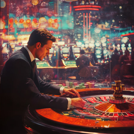 Man playing roulette in casino. Casino background. Roulette wheel.の素材