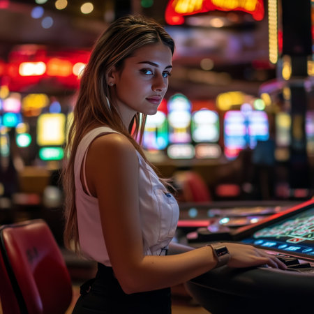 Young woman playing roulette in casino. Young woman playing slot machine.の素材