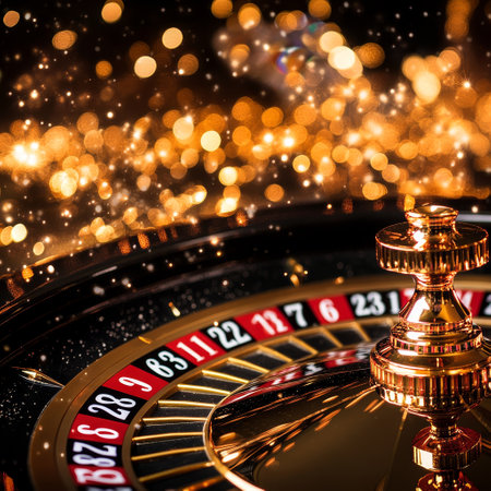 Casino roulette wheel with golden bokeh lights on backgroundの素材