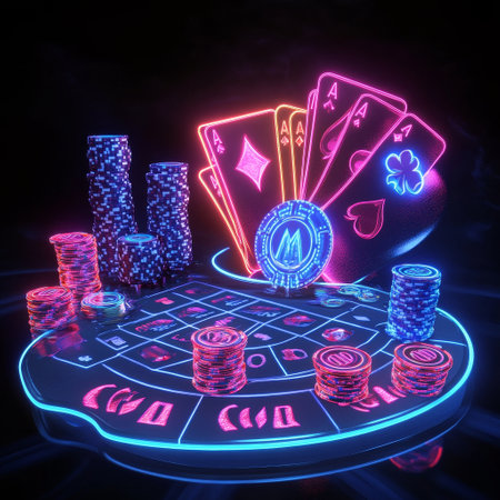 Casino roulette with playing cards and chips, 3d renderの素材