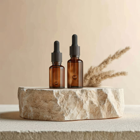 3d render, brown glass dropper bottles with pipette on stone podiumの素材