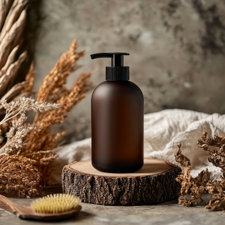 Mockup of brown bottle of cosmetic product on wooden stand, spa conceptの素材