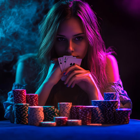 Beautiful young woman playing poker in dark room with red and blue lightingの素材