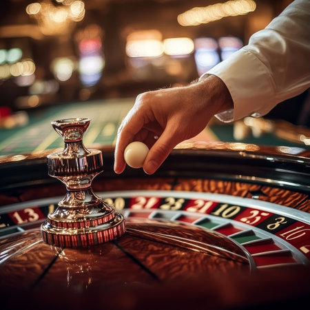 Man playing roulette in casino. Roulette wheel and casino chipsの素材