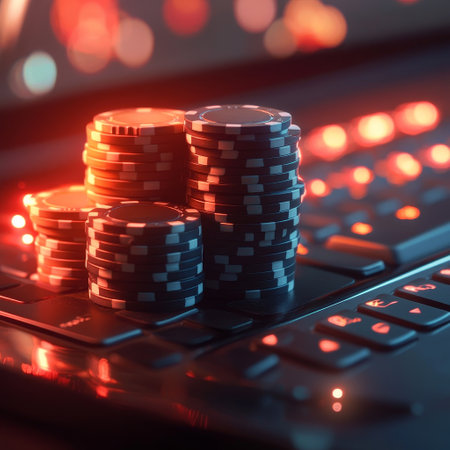 Poker chips on a computer keyboard. Online casino concept. 3D Renderingの素材