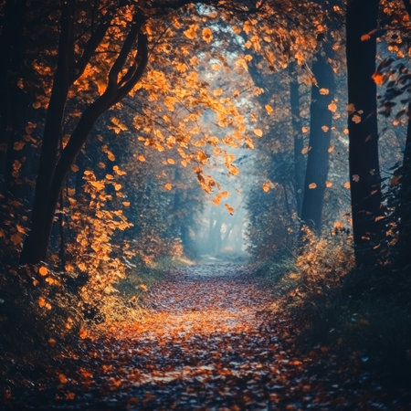 Autumn forest. Path in the autumn forest. Autumn landscape.の素材
