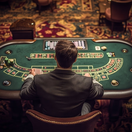 Rear view of a young man sitting at the table in casinoの素材