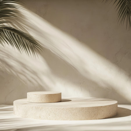 3d render, abstract minimal scene with podiums and palm leavesの素材