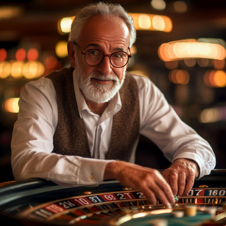Portrait of a senior man playing roulette in a casino.の素材