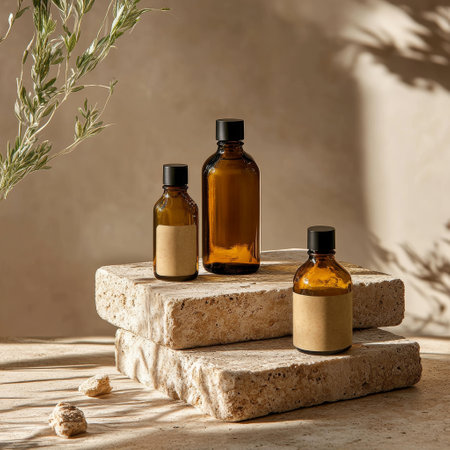 Essential oil in glass bottles on stone podium. Natural organic cosmetics.の素材