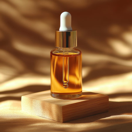 Glass dropper bottle with serum on golden silk background. 3d renderの素材