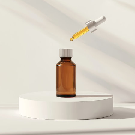 Cosmetic bottle with pipette on white podium. 3d renderの素材