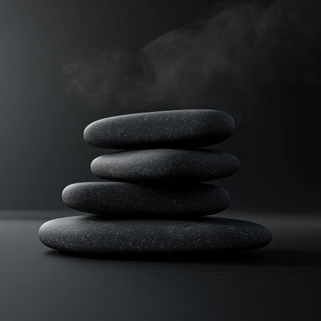 Stack of zen stones with smoke on black background. 3d illustrationの素材
