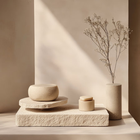 3d render of beige stone podiums and dried flower vaseの素材