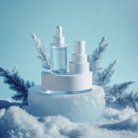 Cosmetic bottle on snow, winter background, skincare conceptの素材