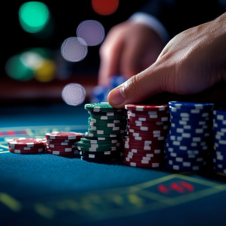casino, gambling, entertainment and people concept - close up of poker player with playing chips at green casino tableの素材
