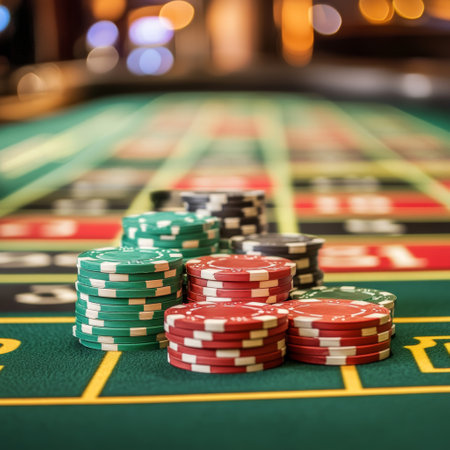 Casino roulette table with black and red chips, shallow depth of fieldの素材