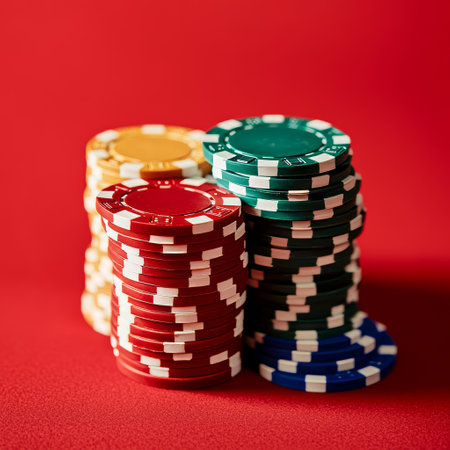 Poker chips on a red background. Casino concept. Selective focus.の素材