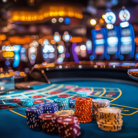 Casino roulette table with red and blue chips. Casino backgroundの素材