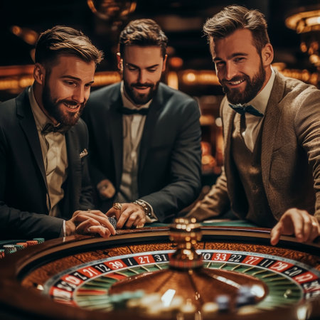 Group of young men in suits are playing roulette and smiling while spending time in casinoの素材