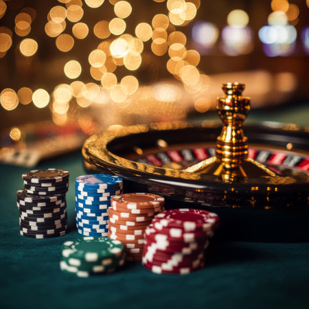 Casino roulette and chips on green table with bokeh backgroundの素材