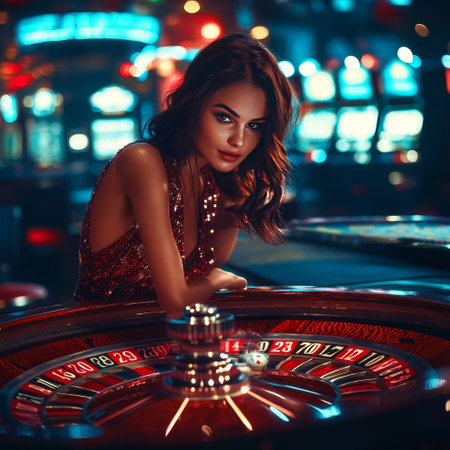 Beautiful brunette woman playing roulette at the casino. Casino theme.の素材