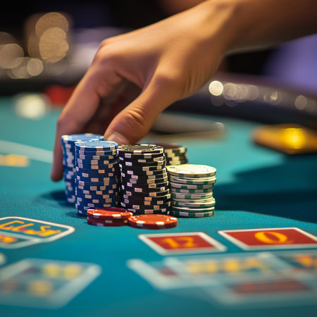 casino, gambling, entertainment and people concept - close up of woman hand with playing chips at casinoの素材