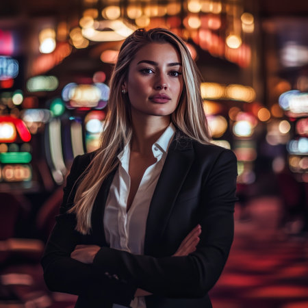 Portrait of a young businesswoman in a night club. Blurred background.の素材