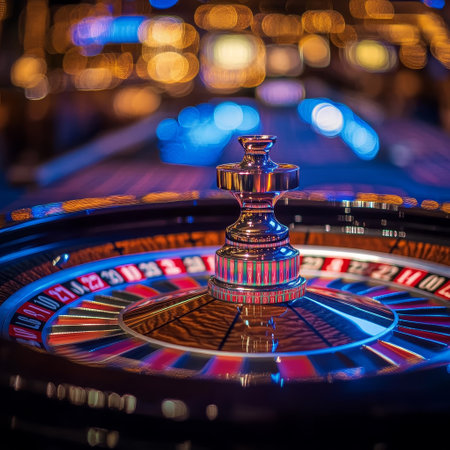 Roulette wheel in casino with bokeh lights on backgroundの素材