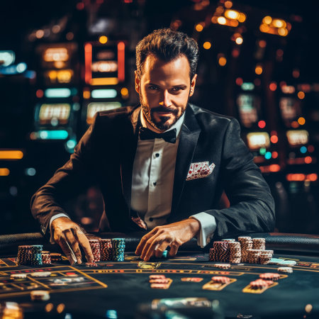 Handsome young man playing roulette in casino. Casino concept.の素材