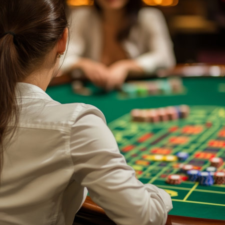 Rear view of young woman playing roulette at table in casinoの素材