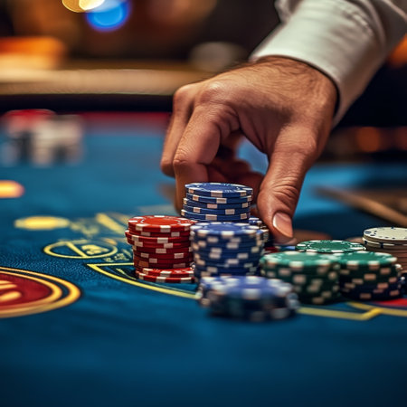 casino, gambling, entertainment and people concept - close up of poker player with playing chips at casinoの素材