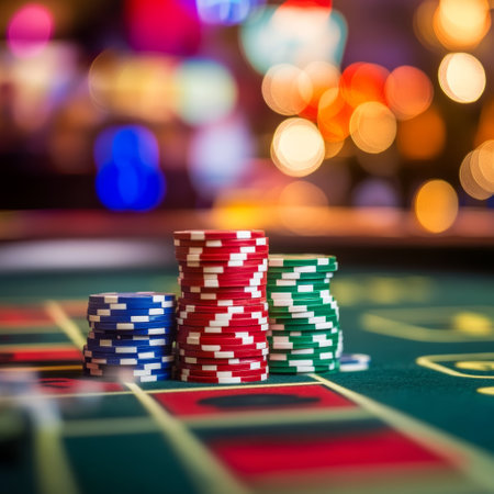 Casino roulette with red, green and black chips in casinoの素材