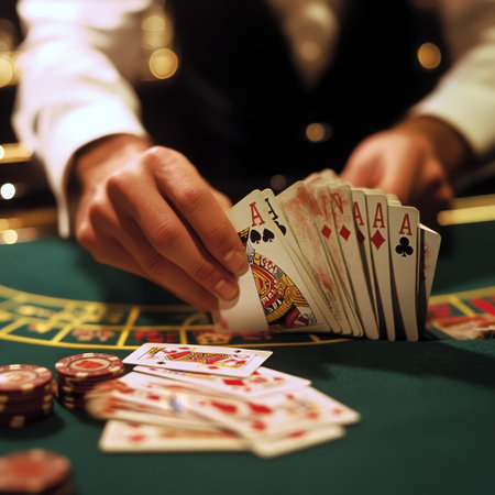 Man playing poker in casino. Close-up of hands with cards and chipsの素材