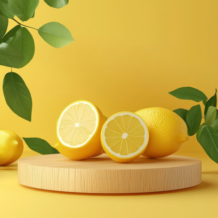 Lemon and lemons on a yellow background. 3d renderingの素材