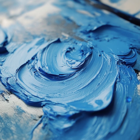 closeup of blue oil paint brush strokes on canvas - abstract backgroundの素材