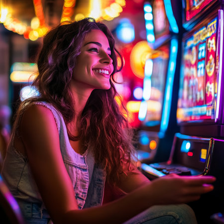 Young woman playing slot machine in casino. She is smiling and looking at camera.の素材