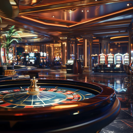 Casino roulette wheel in casino interior. 3D Renderingの素材