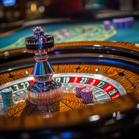 Casino roulette wheel with casino chips and dice, shallow depth of fieldの素材