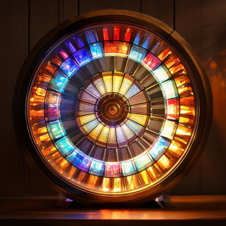 Colorful wheel of fortune teller on table in dark room.の素材