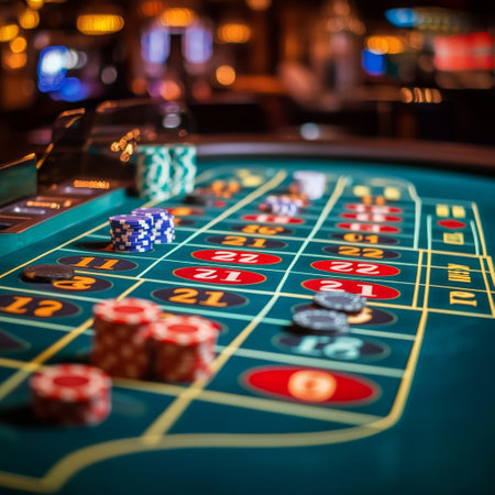 Casino roulette table with chips and cards, shallow depth of fieldの素材