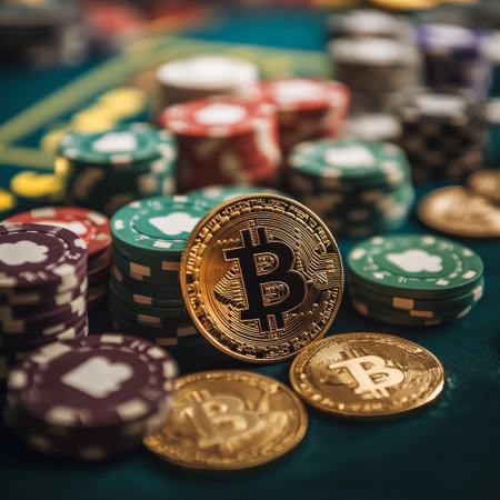 Golden bitcoin and casino chips on green table. Cryptocurrency conceptの素材