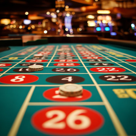 Casino roulette table with red and black numbers. Blurred backgroundの素材