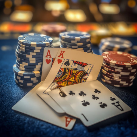 Poker chips and cards on the table in casino. Poker conceptの素材