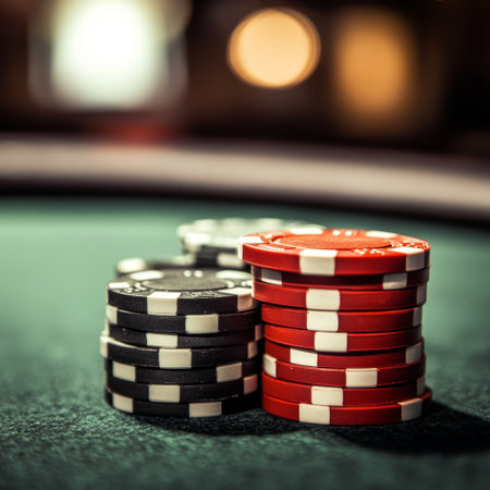 Poker chips on green table in casino - vintage effect style picturesの素材