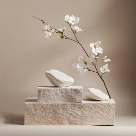 White marble podiums with white cherry blossom branch on beige backgroundの素材
