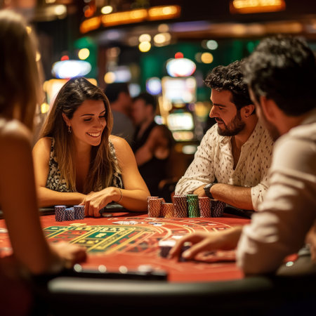 Group of young people playing roulette in casino. Focus on womanの素材