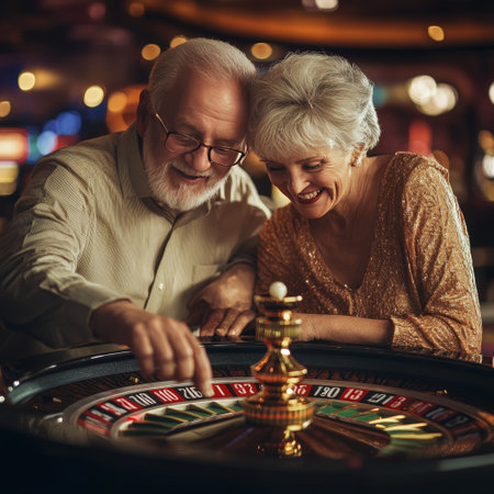 Happy senior couple playing roulette in casino. Elderly man and woman sitting at the table and playing poker.の素材
