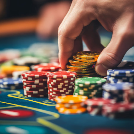 Casino theme. Close up of a young caucasian man playing poker.の素材
