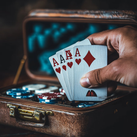 Ace of hearts and playing cards in a vintage suitcase.の素材